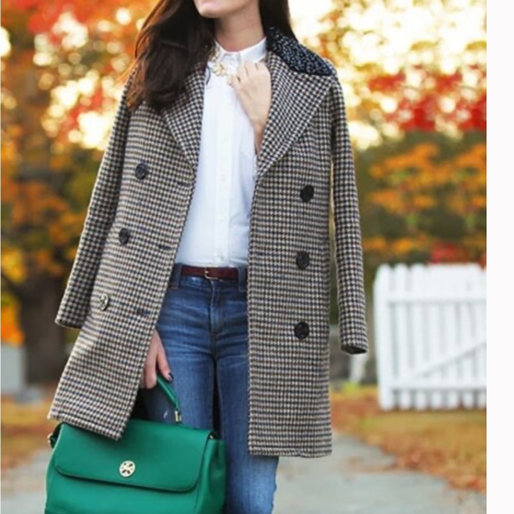 J. Crew Vintage Chocolate Brown Navy Blue Houndstooth Pea Coat
